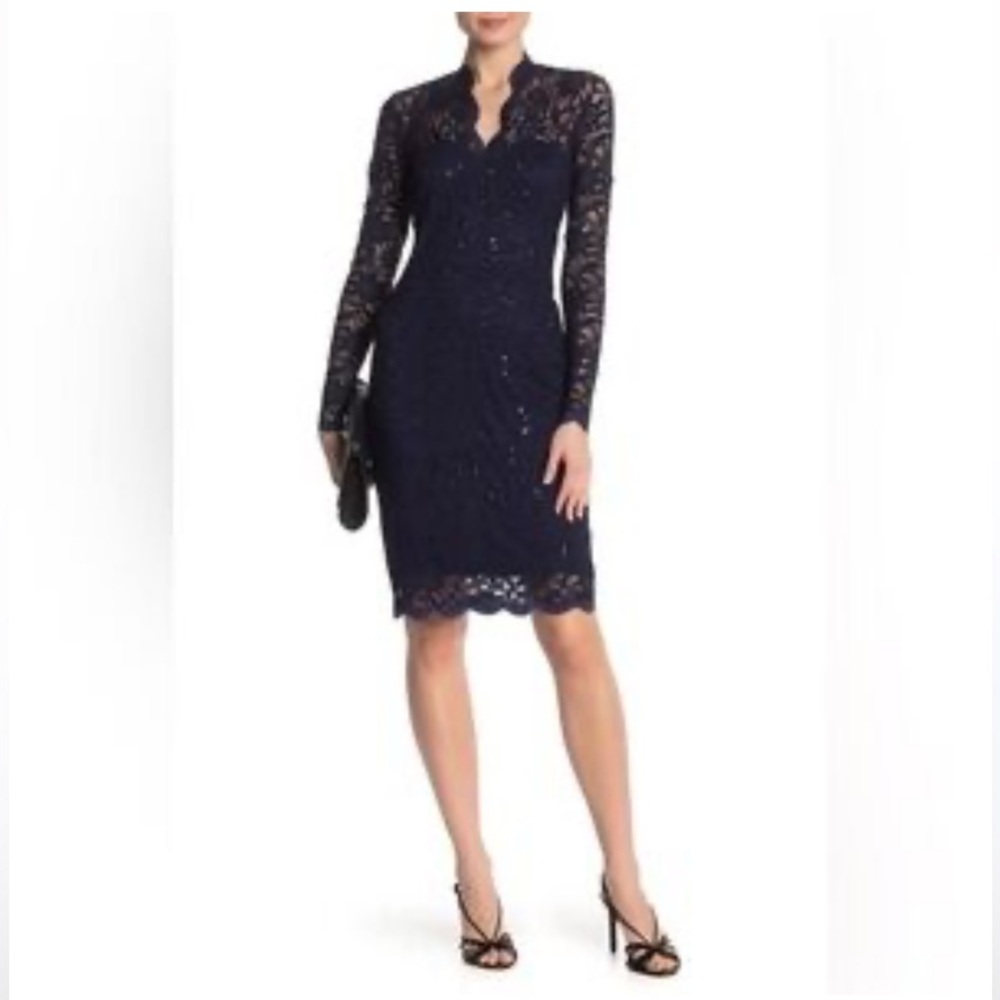 MARINA Women's Blue Floral Lace Long Sleeve Dress